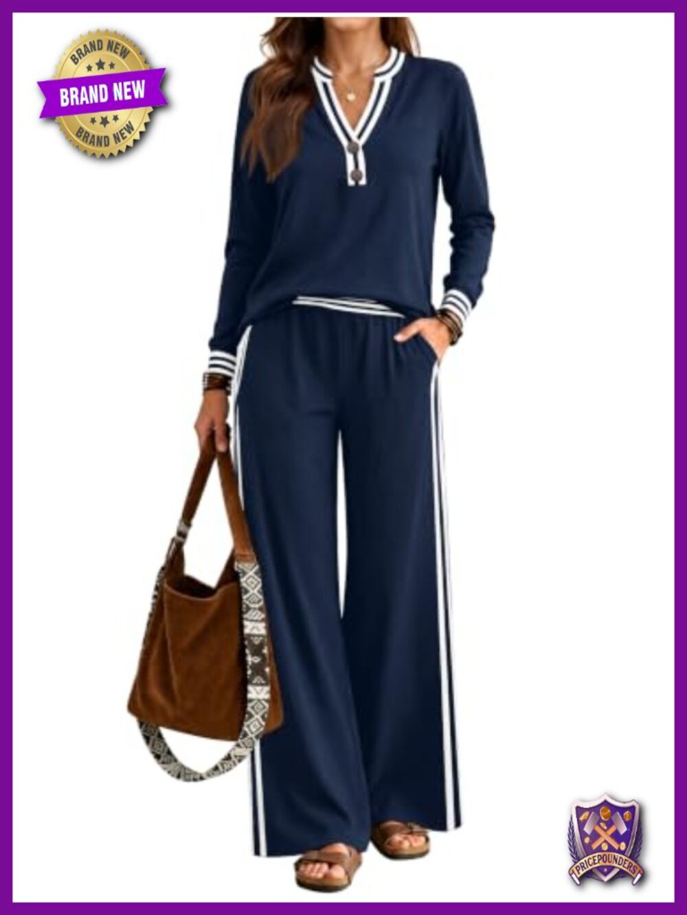 Women's 2 Piece Lounge Set Henley Top Wide Leg Pants Polyester